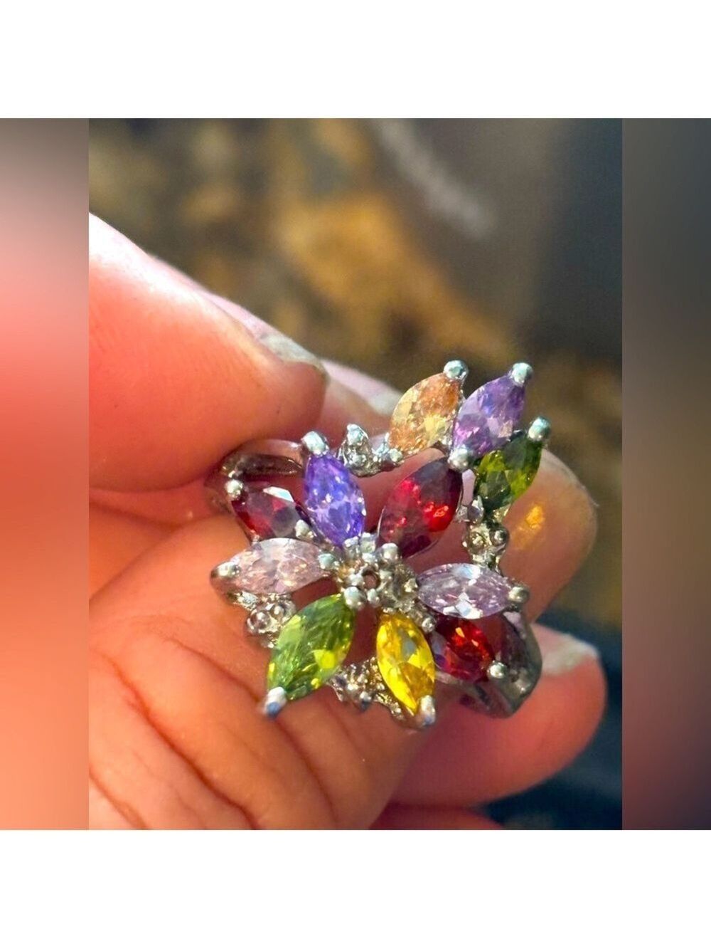 Multicolour Glass Flower Ring Size 7.75 Red Green Yellow Purple Cocktail Ring